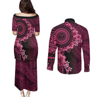 Vanuatu Couples Matching Puletasi and Long Sleeve Button Shirt Hibisus Polynesian Pattern Pink LT14 - Polynesian Pride