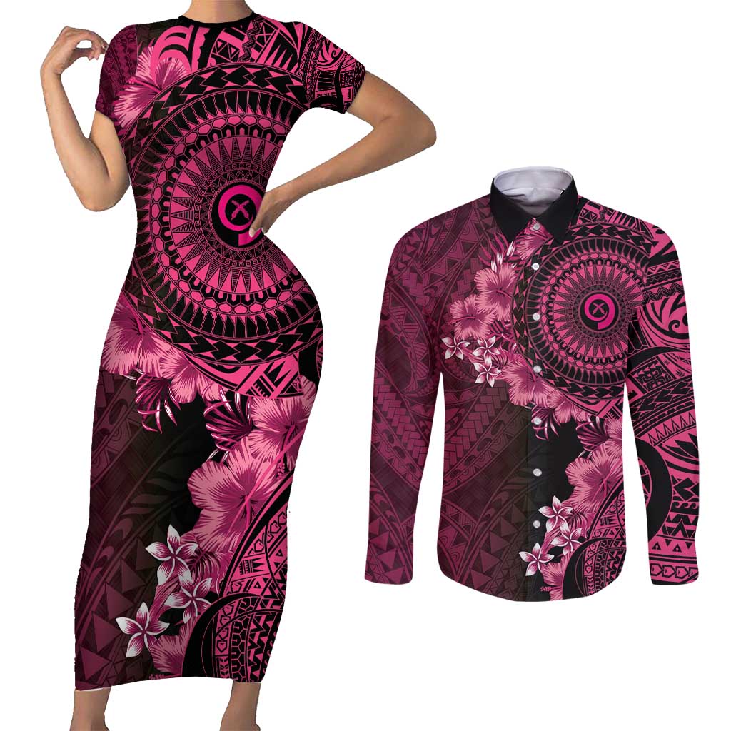 Vanuatu Couples Matching Short Sleeve Bodycon Dress and Long Sleeve Button Shirt Hibisus Polynesian Pattern Pink LT14 Pink - Polynesian Pride