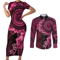 Vanuatu Couples Matching Short Sleeve Bodycon Dress and Long Sleeve Button Shirt Hibisus Polynesian Pattern Pink LT14 Pink - Polynesian Pride