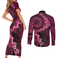 Vanuatu Couples Matching Short Sleeve Bodycon Dress and Long Sleeve Button Shirt Hibisus Polynesian Pattern Pink LT14 - Polynesian Pride