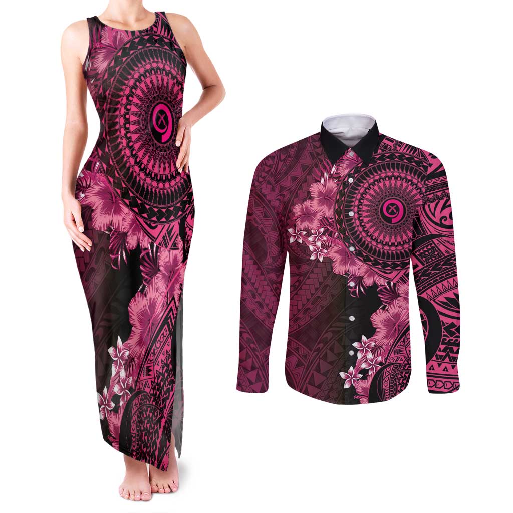 Vanuatu Couples Matching Tank Maxi Dress and Long Sleeve Button Shirt Hibisus Polynesian Pattern Pink LT14 Pink - Polynesian Pride
