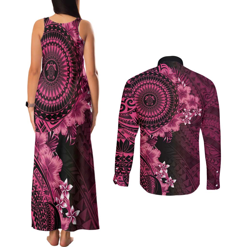 Vanuatu Couples Matching Tank Maxi Dress and Long Sleeve Button Shirt Hibisus Polynesian Pattern Pink LT14 - Polynesian Pride