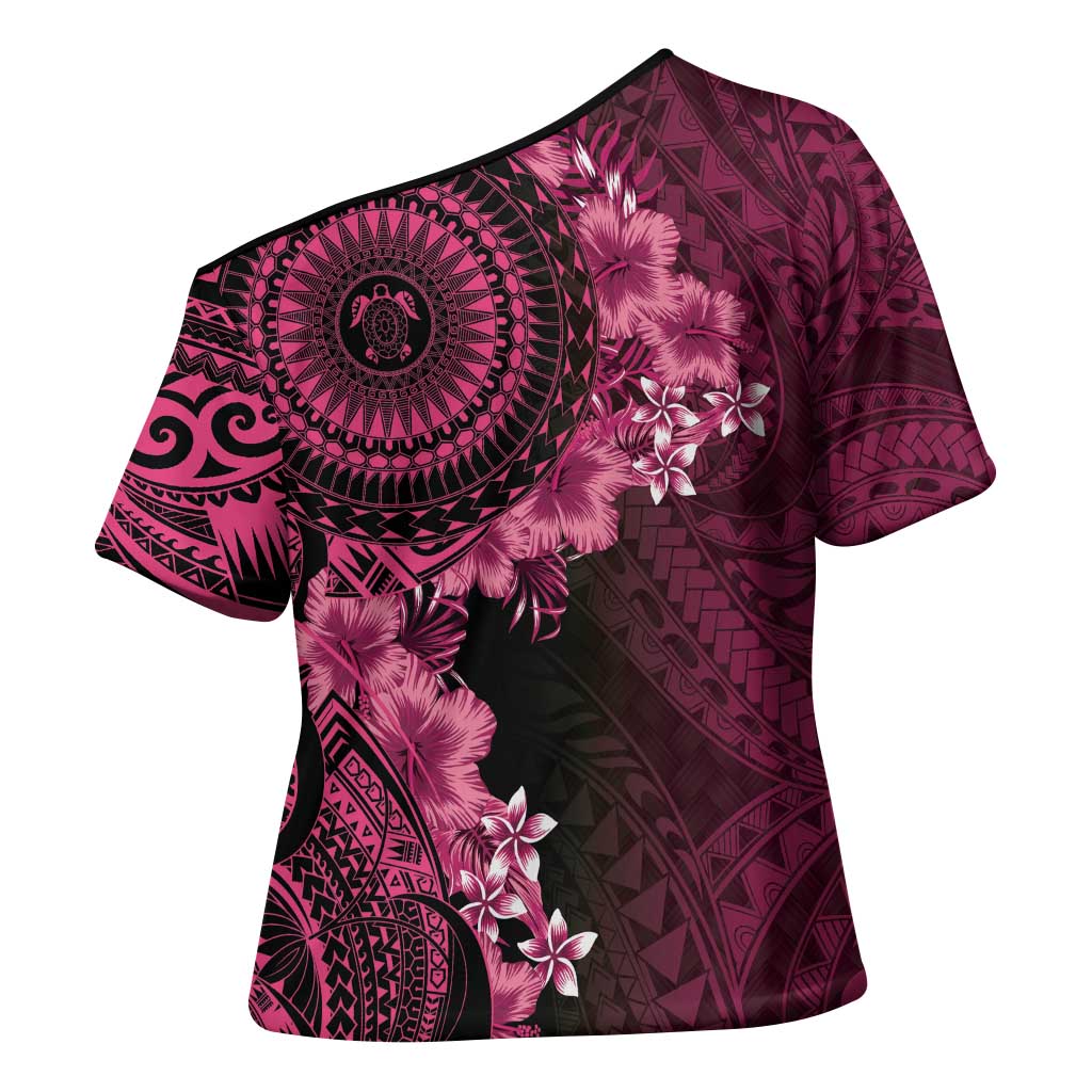 Vanuatu Cross Shoulder Shirt Hibisus Polynesian Pattern Pink LT14 - Polynesian Pride