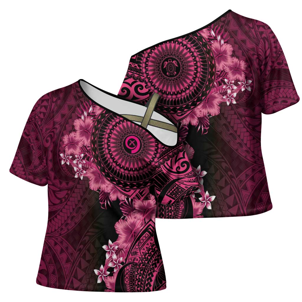 Vanuatu Cross Shoulder Shirt Hibisus Polynesian Pattern Pink LT14 - Polynesian Pride