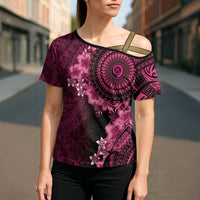 Vanuatu Cross Shoulder Shirt Hibisus Polynesian Pattern Pink LT14 - Polynesian Pride