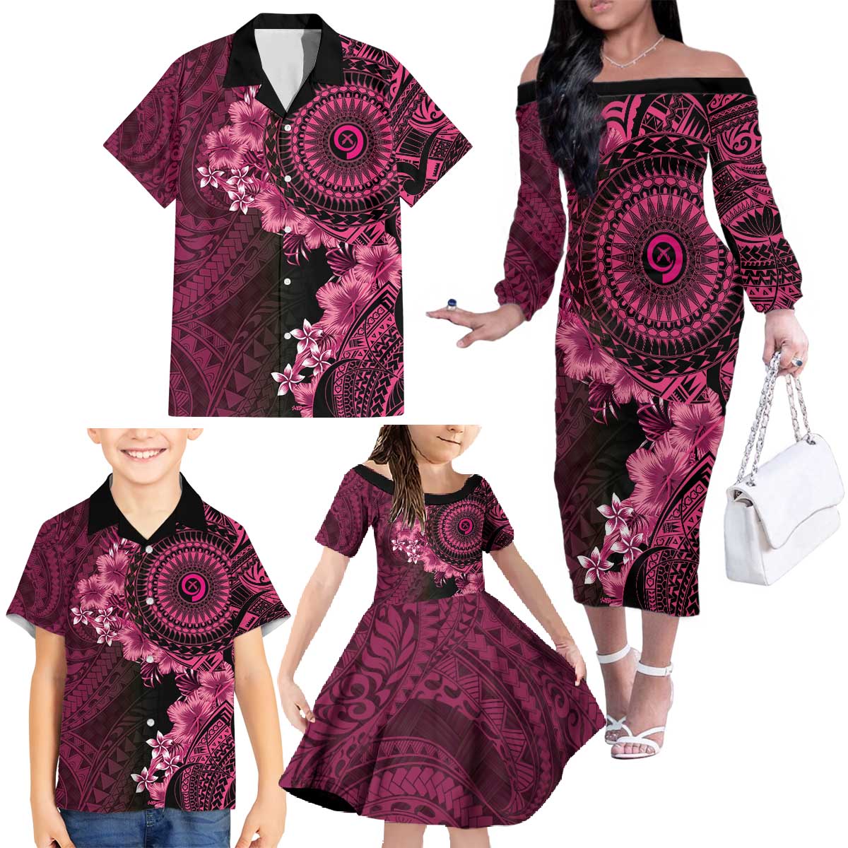 Vanuatu Family Matching Off The Shoulder Long Sleeve Dress and Hawaiian Shirt Hibisus Polynesian Pattern Pink LT14 - Polynesian Pride