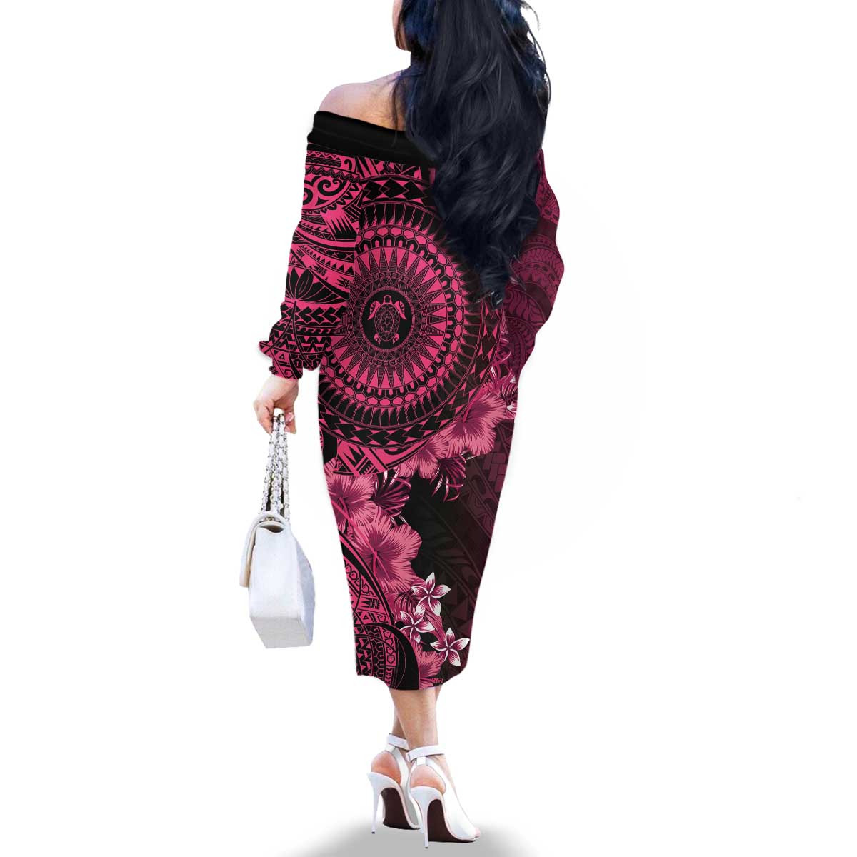 Vanuatu Family Matching Off The Shoulder Long Sleeve Dress and Hawaiian Shirt Hibisus Polynesian Pattern Pink LT14 - Polynesian Pride