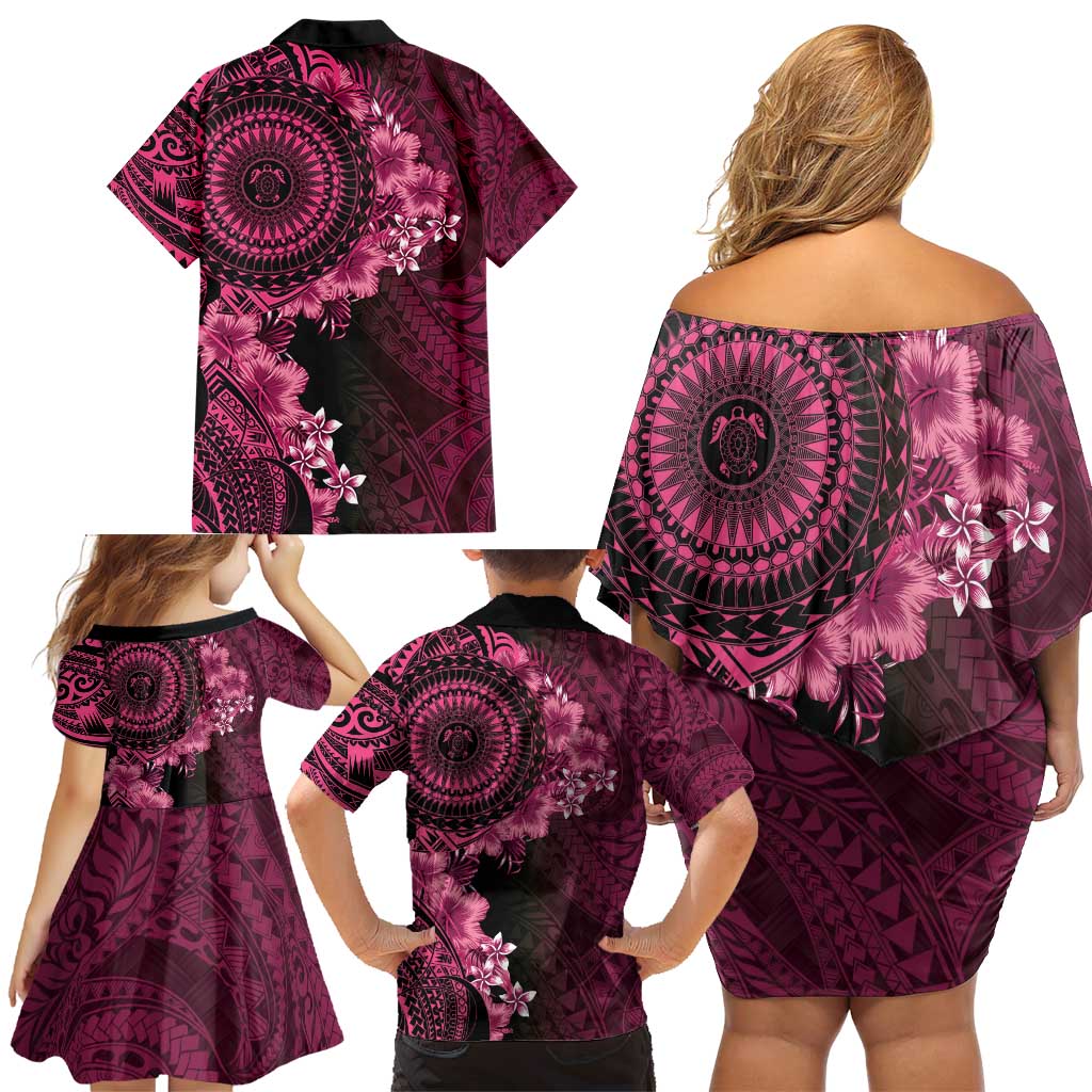 Vanuatu Family Matching Off Shoulder Short Dress and Hawaiian Shirt Hibisus Polynesian Pattern Pink LT14 - Polynesian Pride