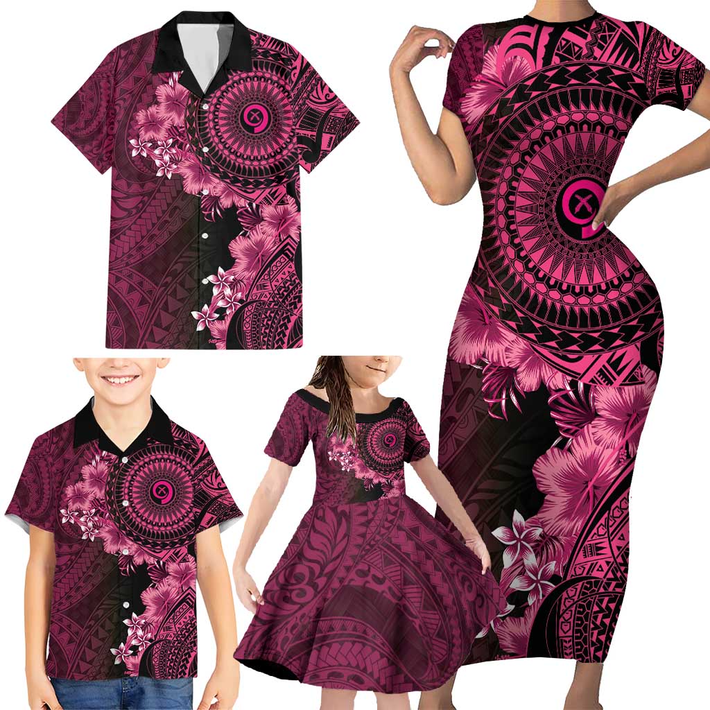 Vanuatu Family Matching Short Sleeve Bodycon Dress and Hawaiian Shirt Hibisus Polynesian Pattern Pink LT14 - Polynesian Pride
