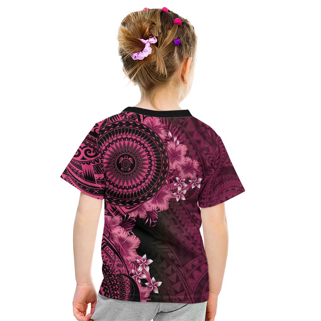 Vanuatu Kid T Shirt Hibisus Polynesian Pattern Pink - Polynesian Pride