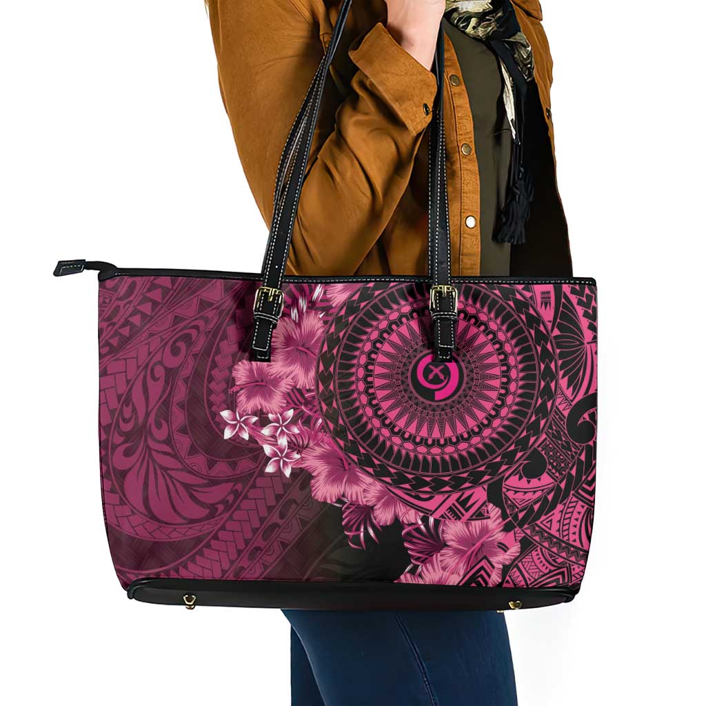 Vanuatu Leather Tote Bag Hibisus Polynesian Pattern Pink - Polynesian Pride