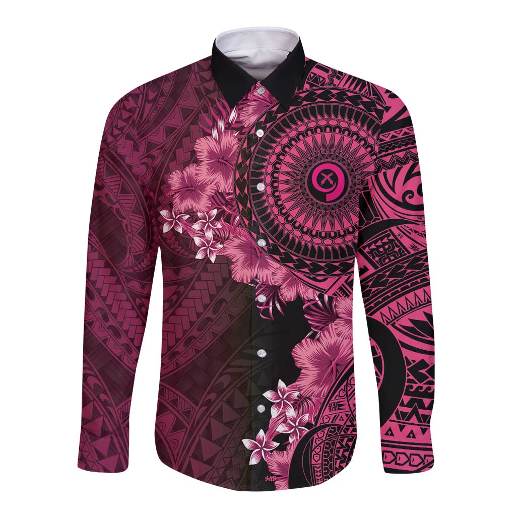 Vanuatu Long Sleeve Button Shirt Hibisus Polynesian Pattern Pink LT14 Unisex Pink - Polynesian Pride