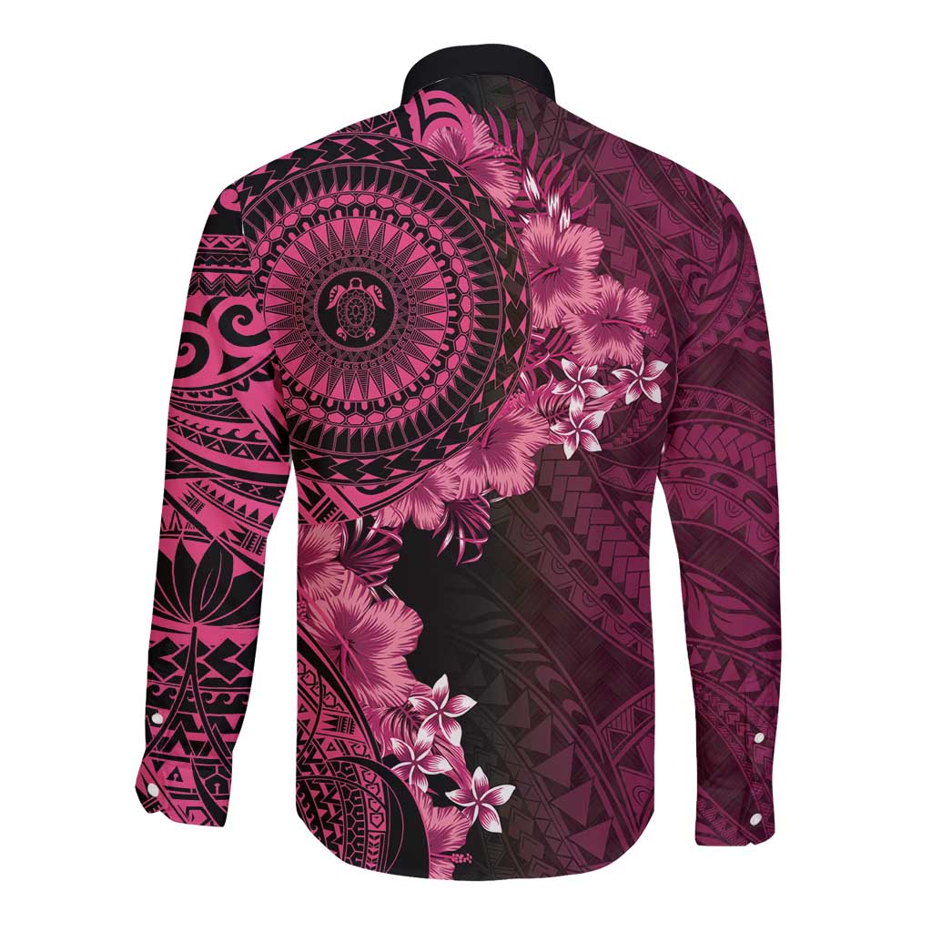 Vanuatu Long Sleeve Button Shirt Hibisus Polynesian Pattern Pink LT14 - Polynesian Pride