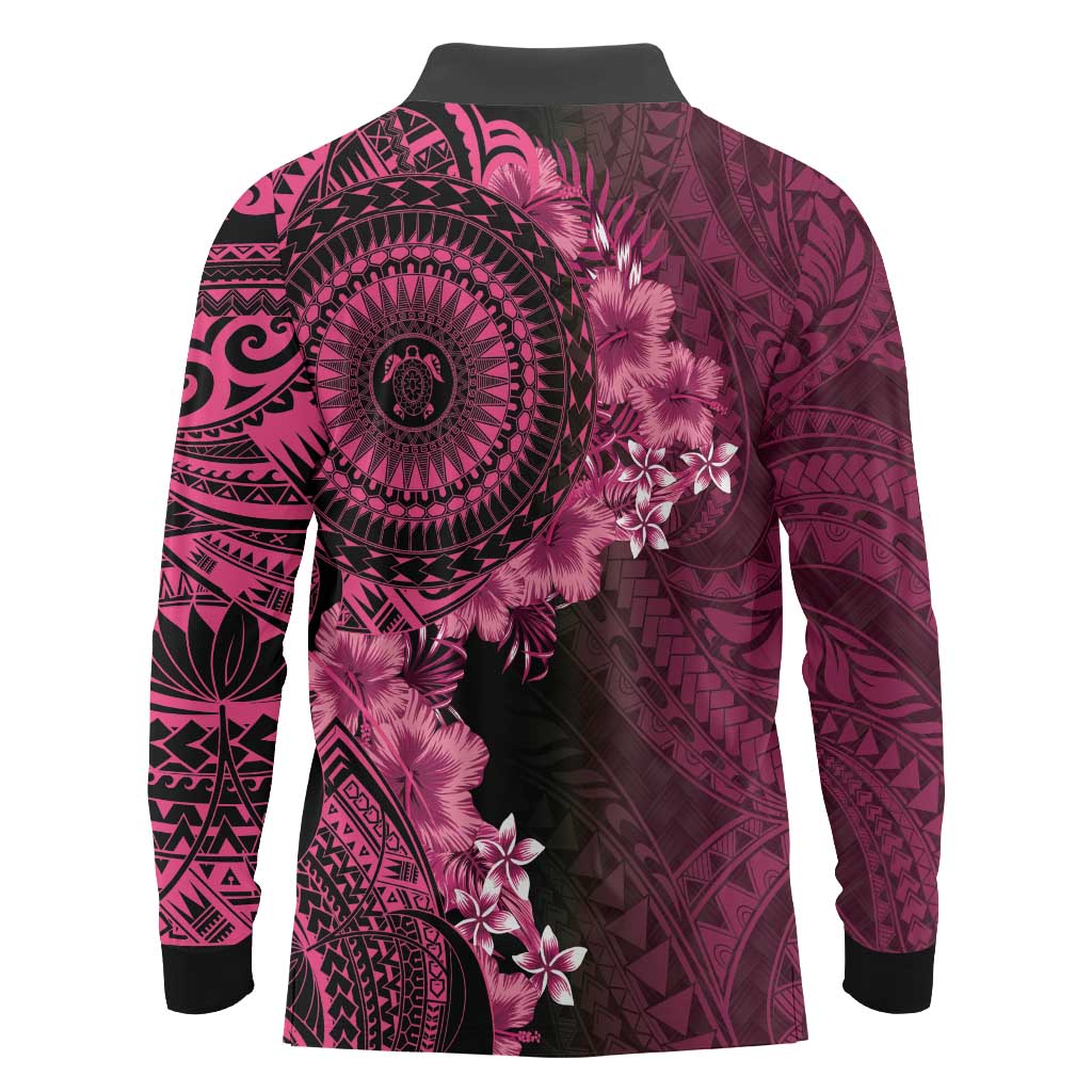 Vanuatu Long Sleeve Polo Shirt Hibisus Polynesian Pattern Pink - Polynesian Pride