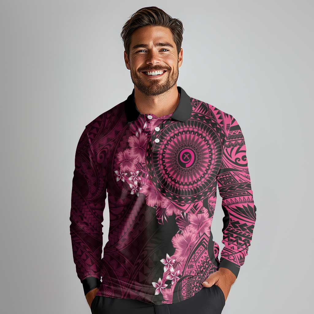 Vanuatu Long Sleeve Polo Shirt Hibisus Polynesian Pattern Pink - Polynesian Pride