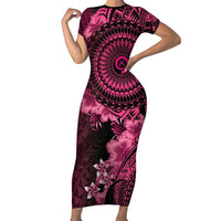 Vanuatu Short Sleeve Bodycon Dress Hibisus Polynesian Pattern Pink - Polynesian Pride