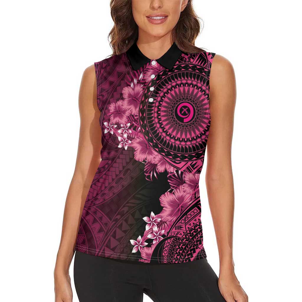 Vanuatu Women Sleeveless Polo Shirt Hibisus Polynesian Pattern Pink LT14 - Polynesian Pride