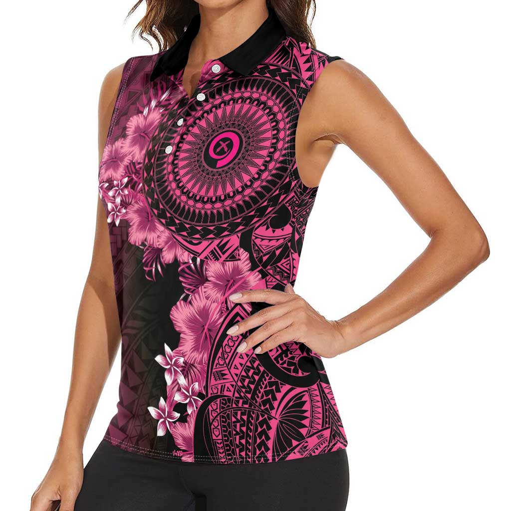 Vanuatu Women Sleeveless Polo Shirt Hibisus Polynesian Pattern Pink LT14 - Polynesian Pride