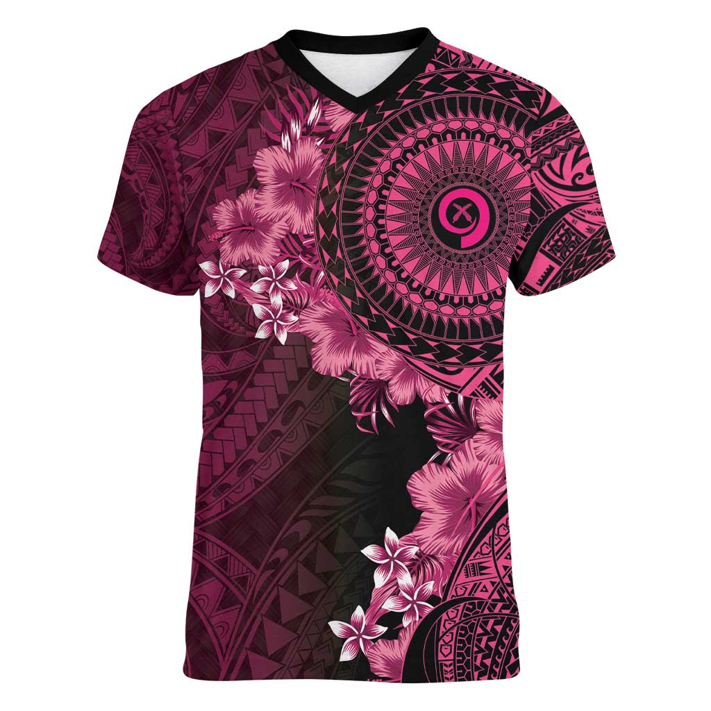 Vanuatu Women V-Neck T-Shirt Hibisus Polynesian Pattern Pink - Polynesian Pride