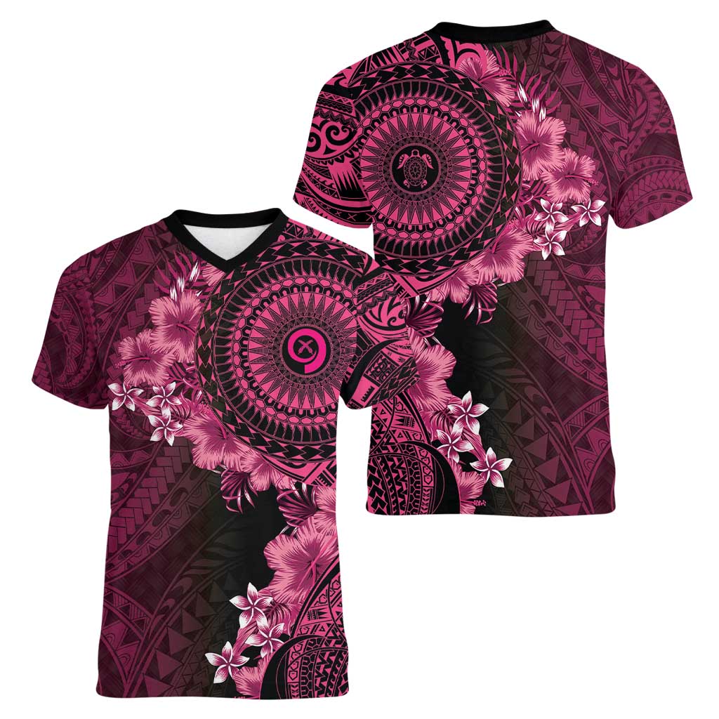Vanuatu Women V-Neck T-Shirt Hibisus Polynesian Pattern Pink - Polynesian Pride