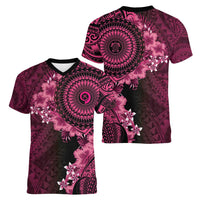 Vanuatu Women V-Neck T-Shirt Hibisus Polynesian Pattern Pink - Polynesian Pride