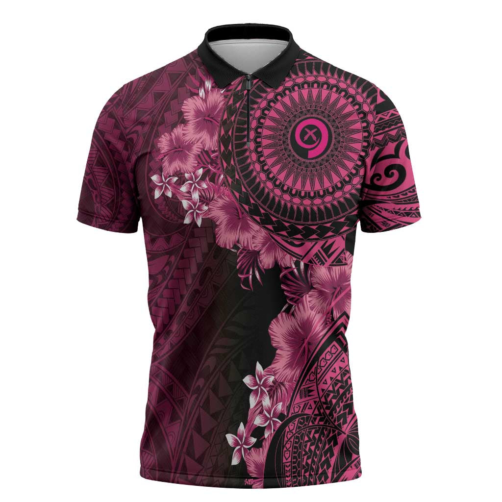 Vanuatu Zipper Polo Shirt Hibisus Polynesian Pattern Pink LT14 Pink - Polynesian Pride