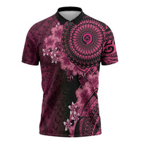 Vanuatu Zipper Polo Shirt Hibisus Polynesian Pattern Pink LT14 Pink - Polynesian Pride