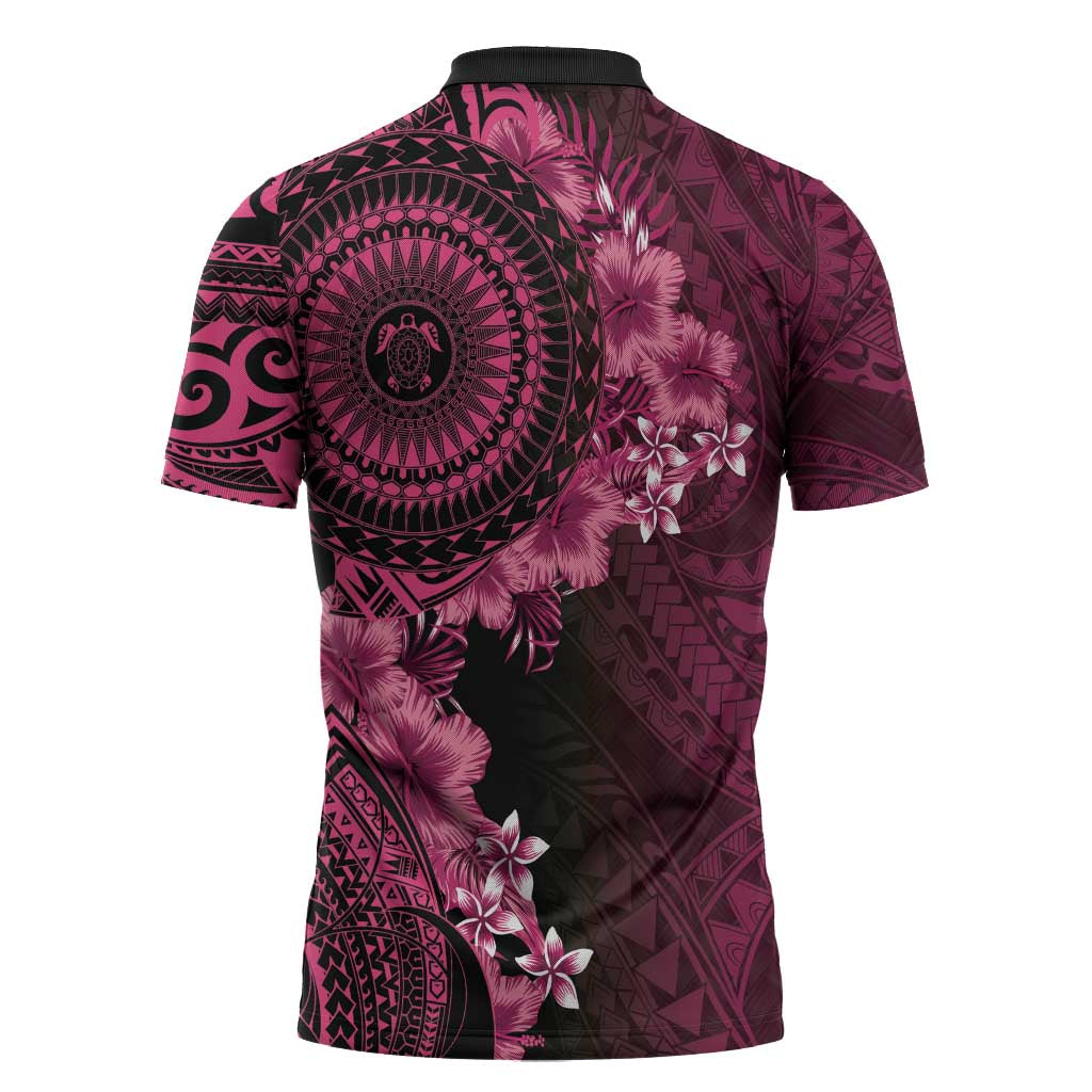 Vanuatu Zipper Polo Shirt Hibisus Polynesian Pattern Pink LT14 - Polynesian Pride