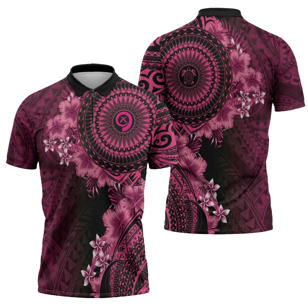 Vanuatu Zipper Polo Shirt Hibisus Polynesian Pattern Pink LT14 - Polynesian Pride