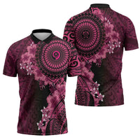 Vanuatu Zipper Polo Shirt Hibisus Polynesian Pattern Pink LT14 - Polynesian Pride