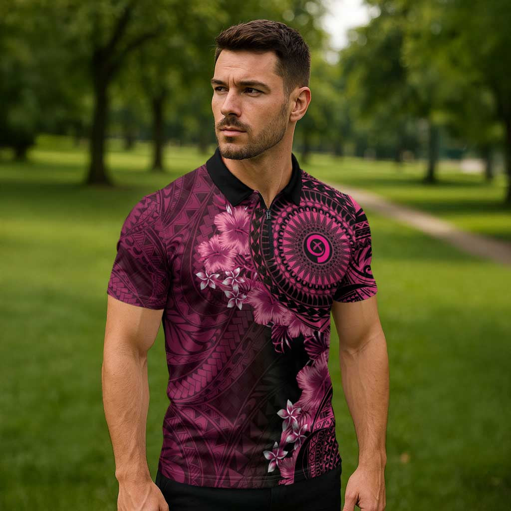 Vanuatu Zipper Polo Shirt Hibisus Polynesian Pattern Pink LT14 - Polynesian Pride