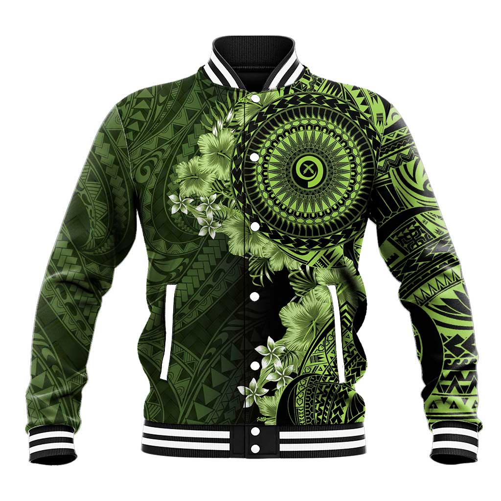 Vanuatu Baseball Jacket Hibisus Polynesian Pattern Green LT14 Unisex Green - Polynesian Pride