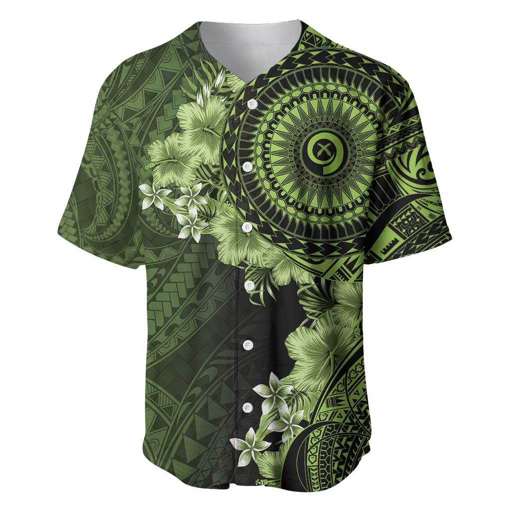 Vanuatu Baseball Jersey Hibisus Polynesian Pattern Green - Polynesian Pride