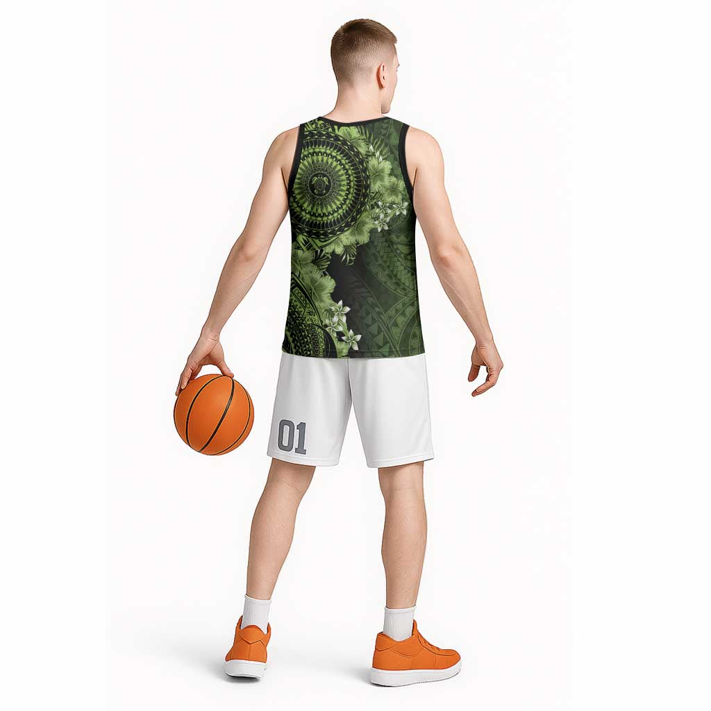 Vanuatu Basketball Jersey Hibisus Polynesian Pattern Green LT14 - Polynesian Pride