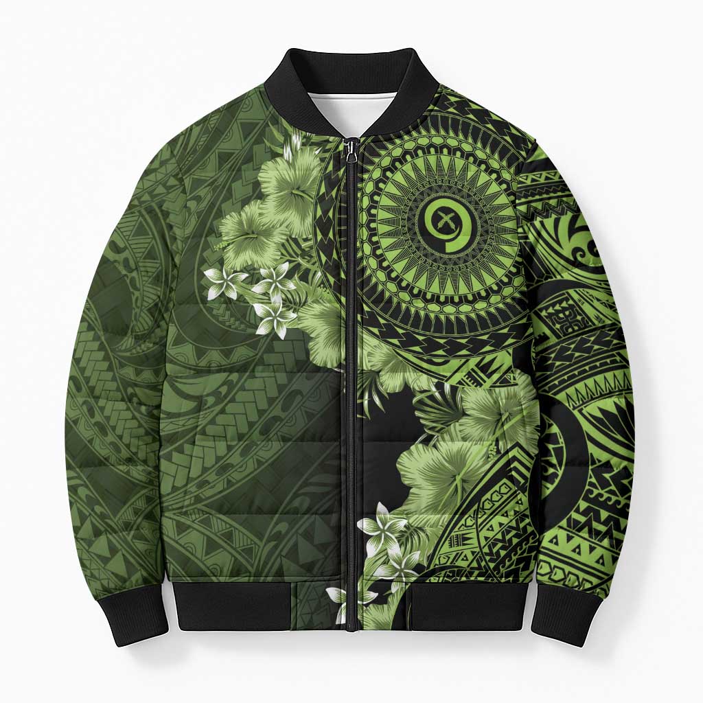 Vanuatu Bomber Puffer Jacket Hibisus Polynesian Pattern Green LT14 Unisex Green - Polynesian Pride
