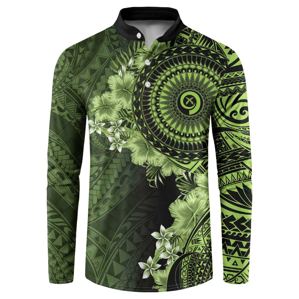 Vanuatu Button Sweatshirt Hibisus Polynesian Pattern Green LT14 Green - Polynesian Pride