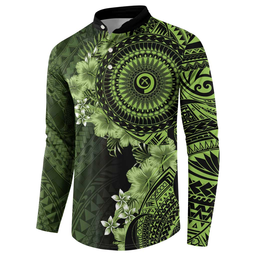 Vanuatu Button Sweatshirt Hibisus Polynesian Pattern Green LT14 - Polynesian Pride