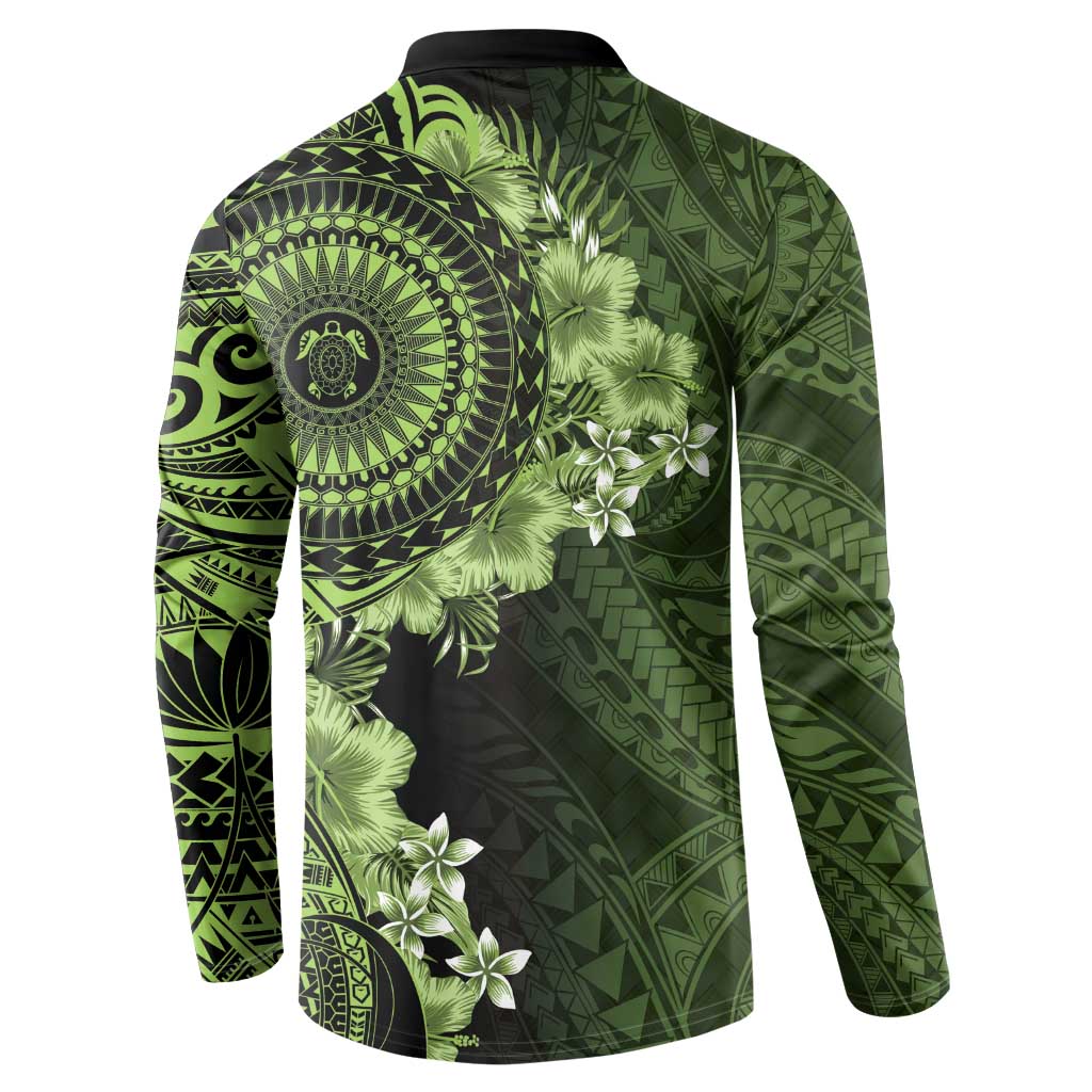 Vanuatu Button Sweatshirt Hibisus Polynesian Pattern Green LT14 - Polynesian Pride