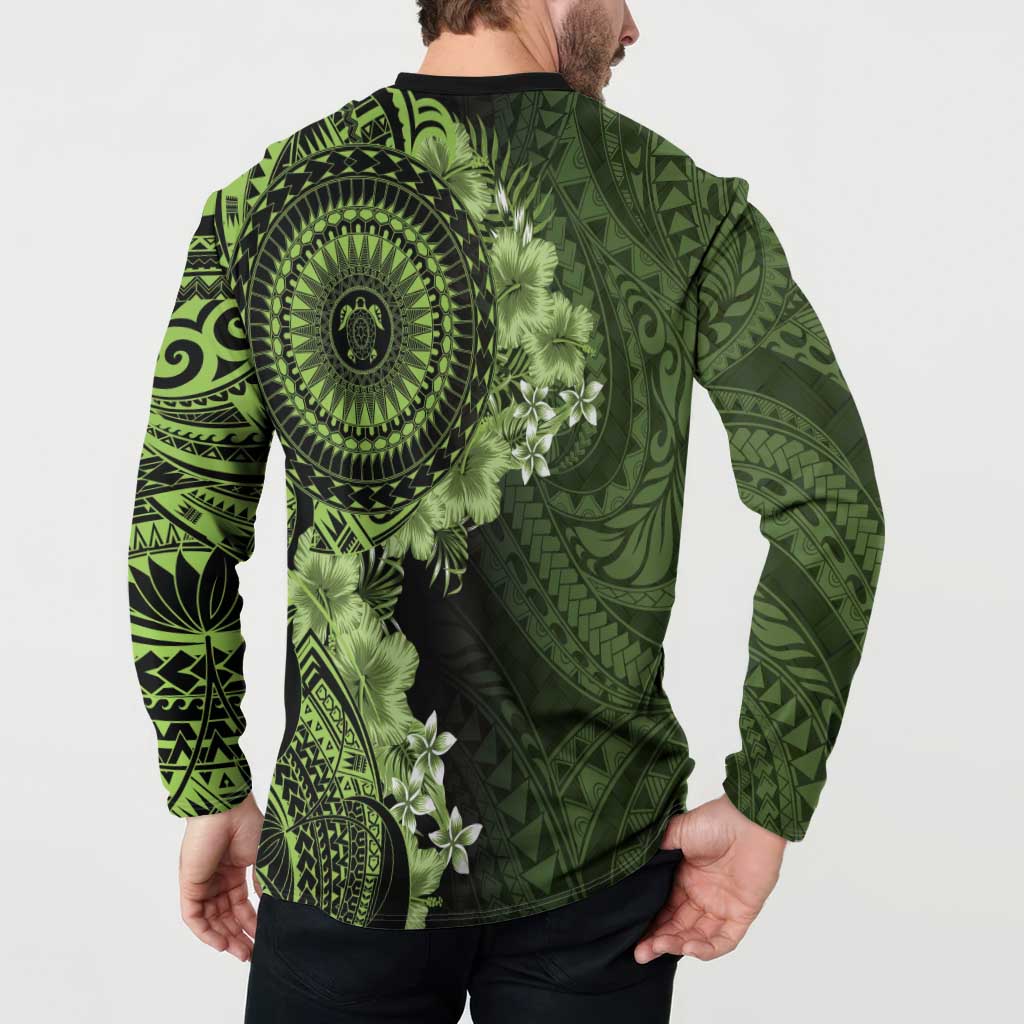 Vanuatu Button Sweatshirt Hibisus Polynesian Pattern Green LT14 - Polynesian Pride