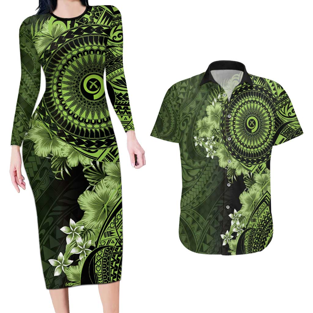 Vanuatu Couples Matching Long Sleeve Bodycon Dress and Hawaiian Shirt Hibisus Polynesian Pattern Green LT14 Green - Polynesian Pride