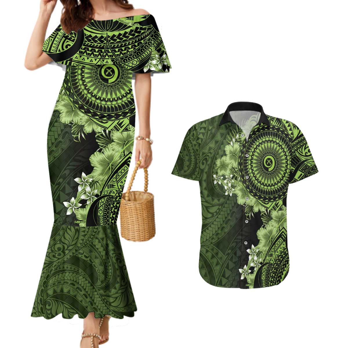 Vanuatu Couples Matching Mermaid Dress and Hawaiian Shirt Hibisus Polynesian Pattern Green LT14 Green - Polynesian Pride