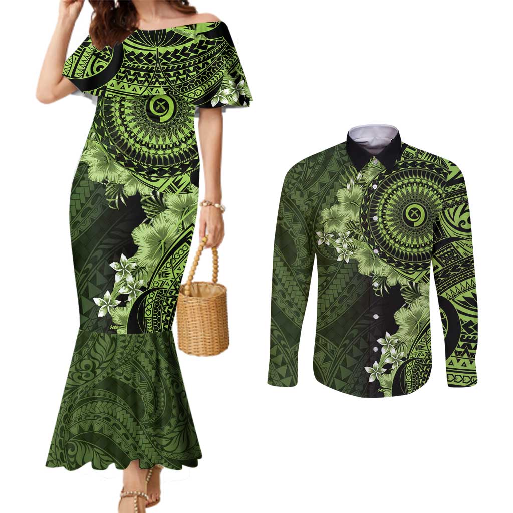 Vanuatu Couples Matching Mermaid Dress and Long Sleeve Button Shirt Hibisus Polynesian Pattern Green LT14 Green - Polynesian Pride