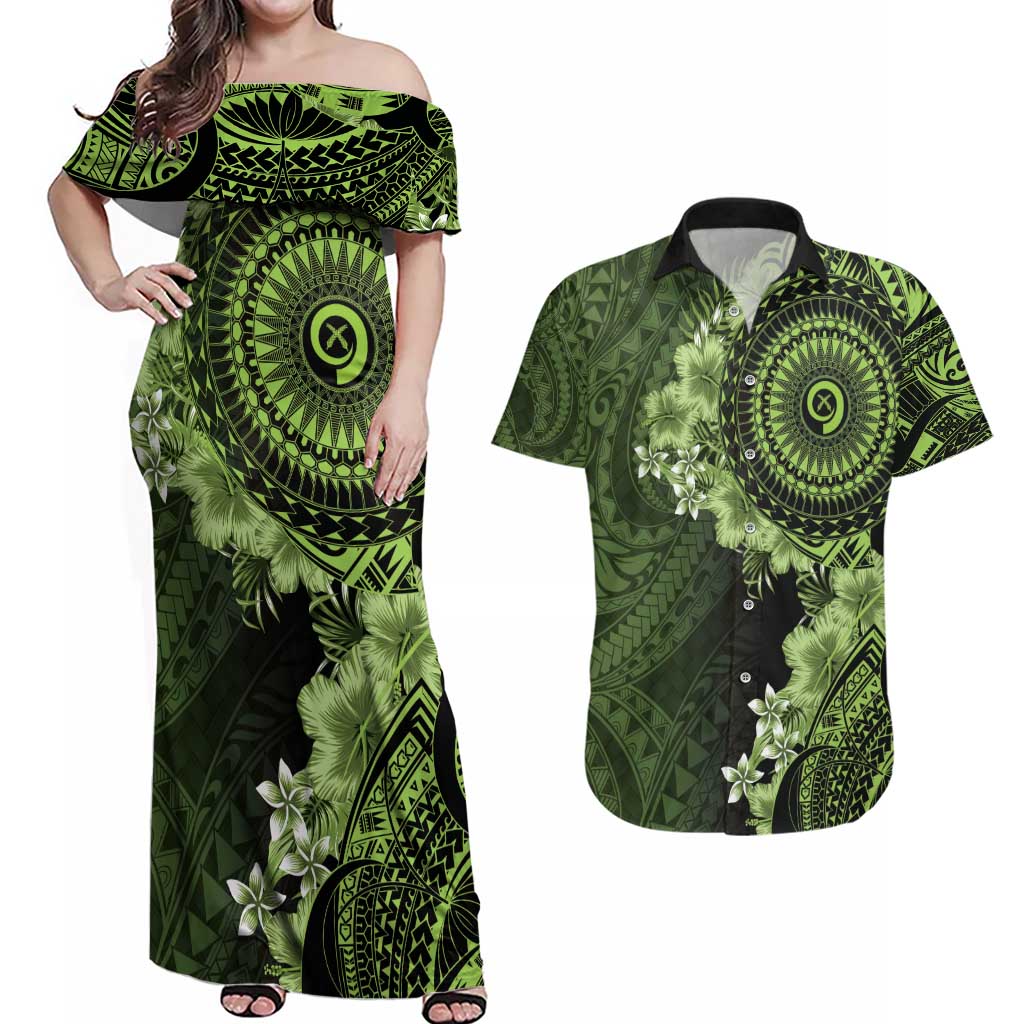 Vanuatu Couples Matching Off Shoulder Maxi Dress and Hawaiian Shirt Hibisus Polynesian Pattern Green LT14 Green - Polynesian Pride