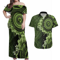 Vanuatu Couples Matching Off Shoulder Maxi Dress and Hawaiian Shirt Hibisus Polynesian Pattern Green LT14 Green - Polynesian Pride