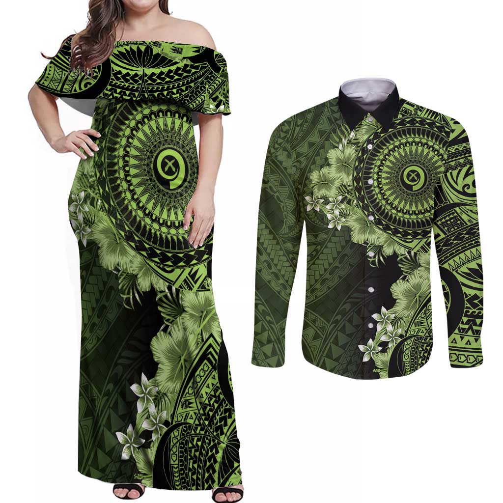 Vanuatu Couples Matching Off Shoulder Maxi Dress and Long Sleeve Button Shirt Hibisus Polynesian Pattern Green LT14 Green - Polynesian Pride