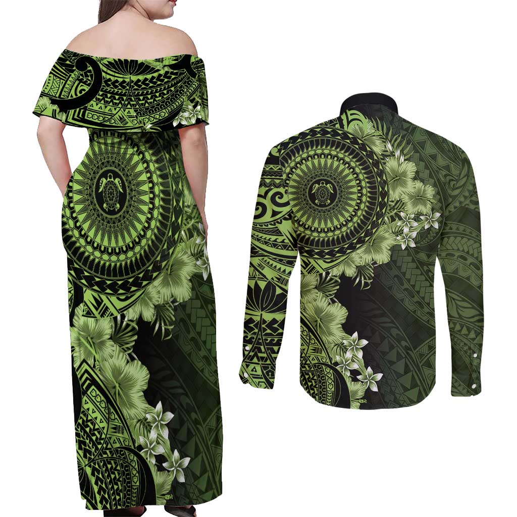 Vanuatu Couples Matching Off Shoulder Maxi Dress and Long Sleeve Button Shirt Hibisus Polynesian Pattern Green LT14 - Polynesian Pride
