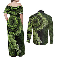 Vanuatu Couples Matching Off Shoulder Maxi Dress and Long Sleeve Button Shirt Hibisus Polynesian Pattern Green LT14 - Polynesian Pride