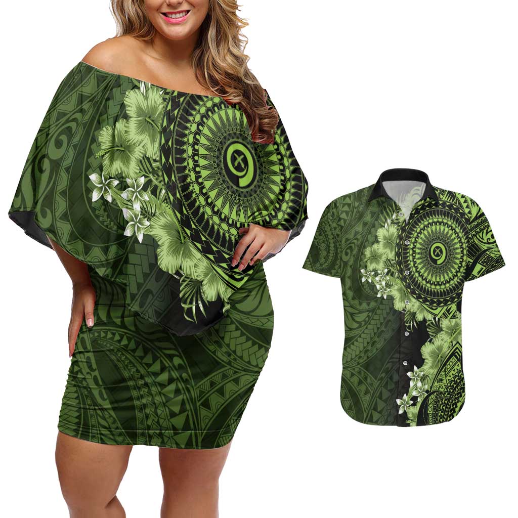Vanuatu Couples Matching Off Shoulder Short Dress and Hawaiian Shirt Hibisus Polynesian Pattern Green LT14 Green - Polynesian Pride