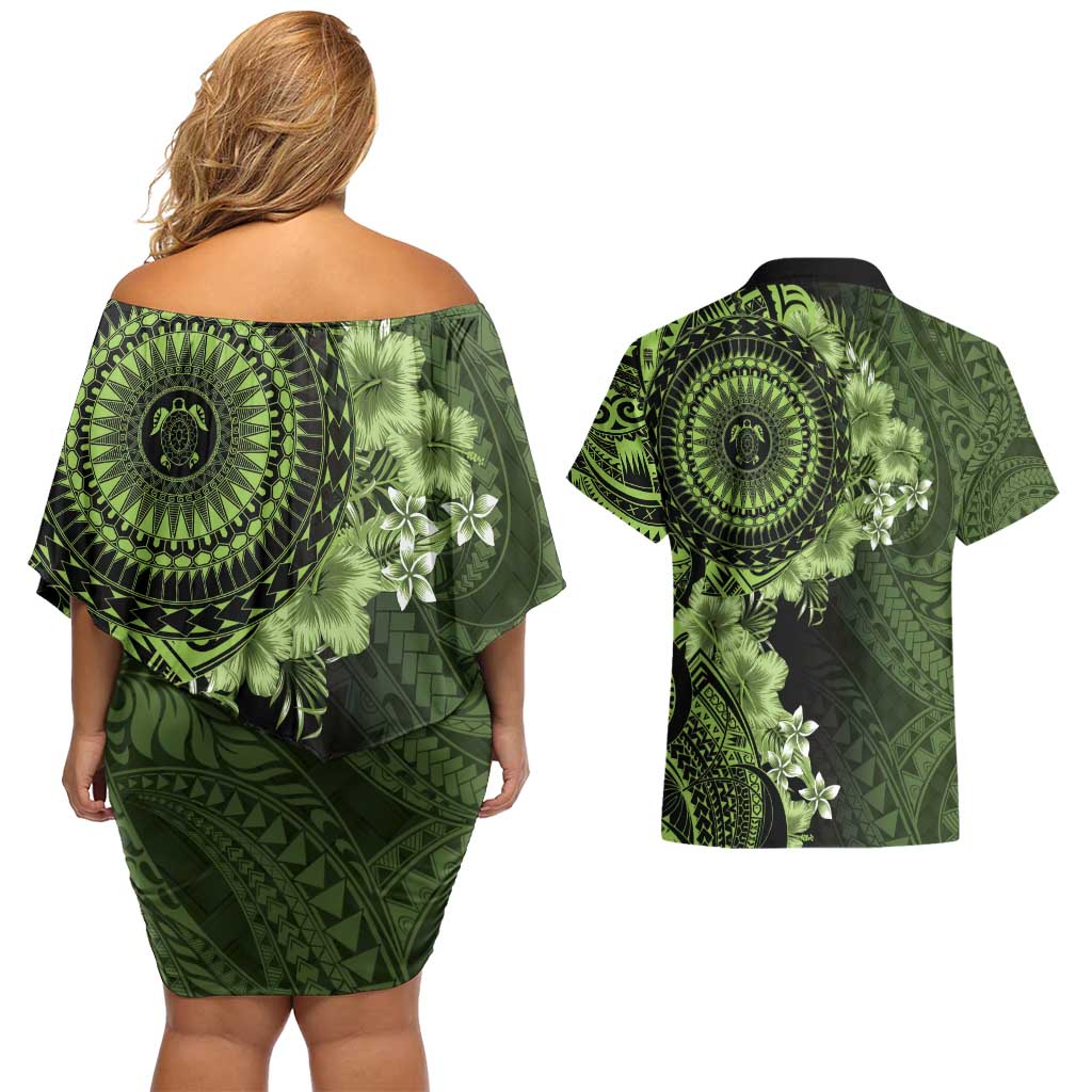 Vanuatu Couples Matching Off Shoulder Short Dress and Hawaiian Shirt Hibisus Polynesian Pattern Green LT14 - Polynesian Pride
