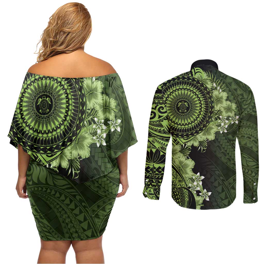 Vanuatu Couples Matching Off Shoulder Short Dress and Long Sleeve Button Shirt Hibisus Polynesian Pattern Green LT14 - Polynesian Pride